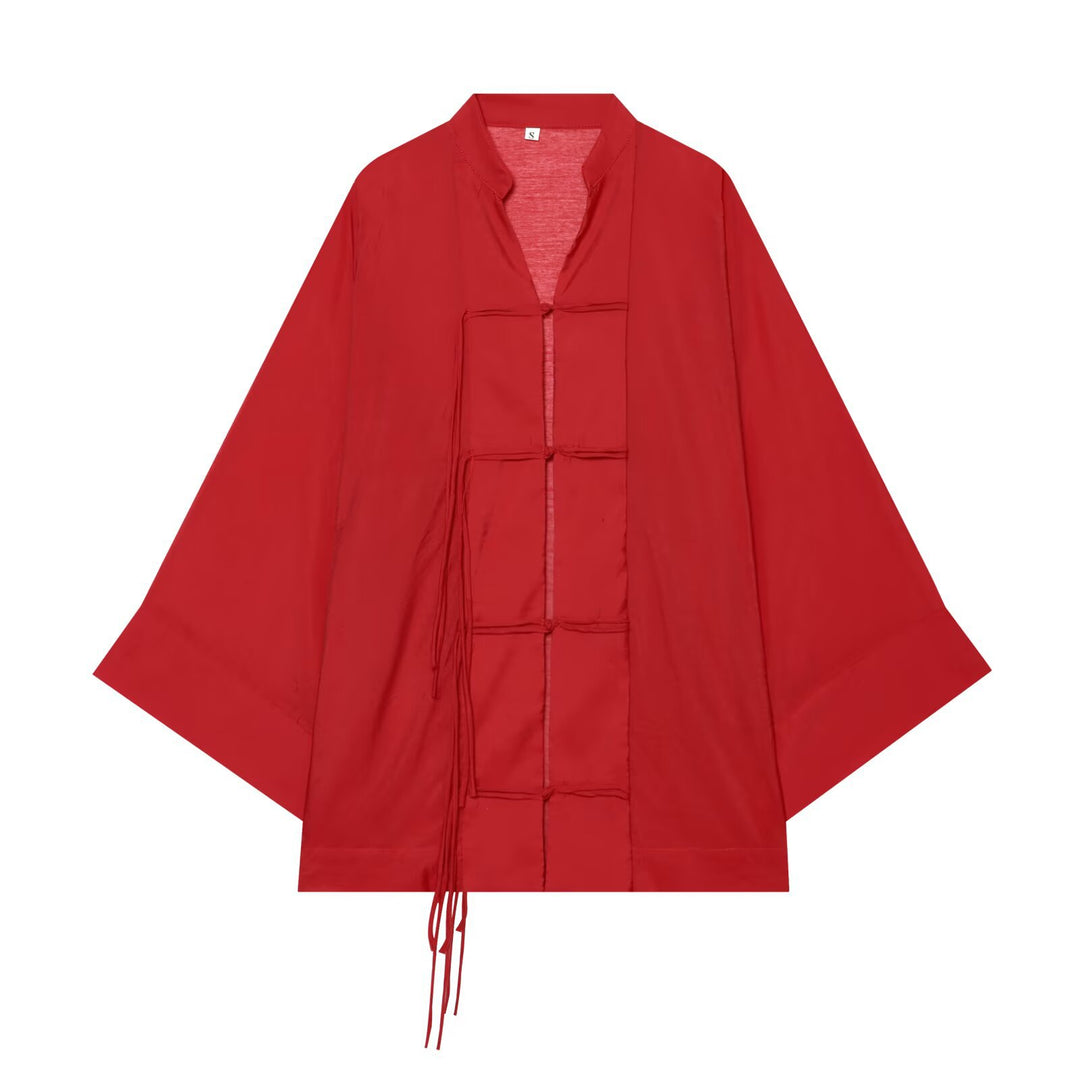 Damen Oversize-Kimonojacke mit Zierknoten und langen Quastenbändern Drune