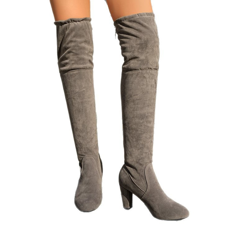 Damen Overknee-Stiefel mit geschwungenem Blockabsatz und weichem Veloursimitat Drune