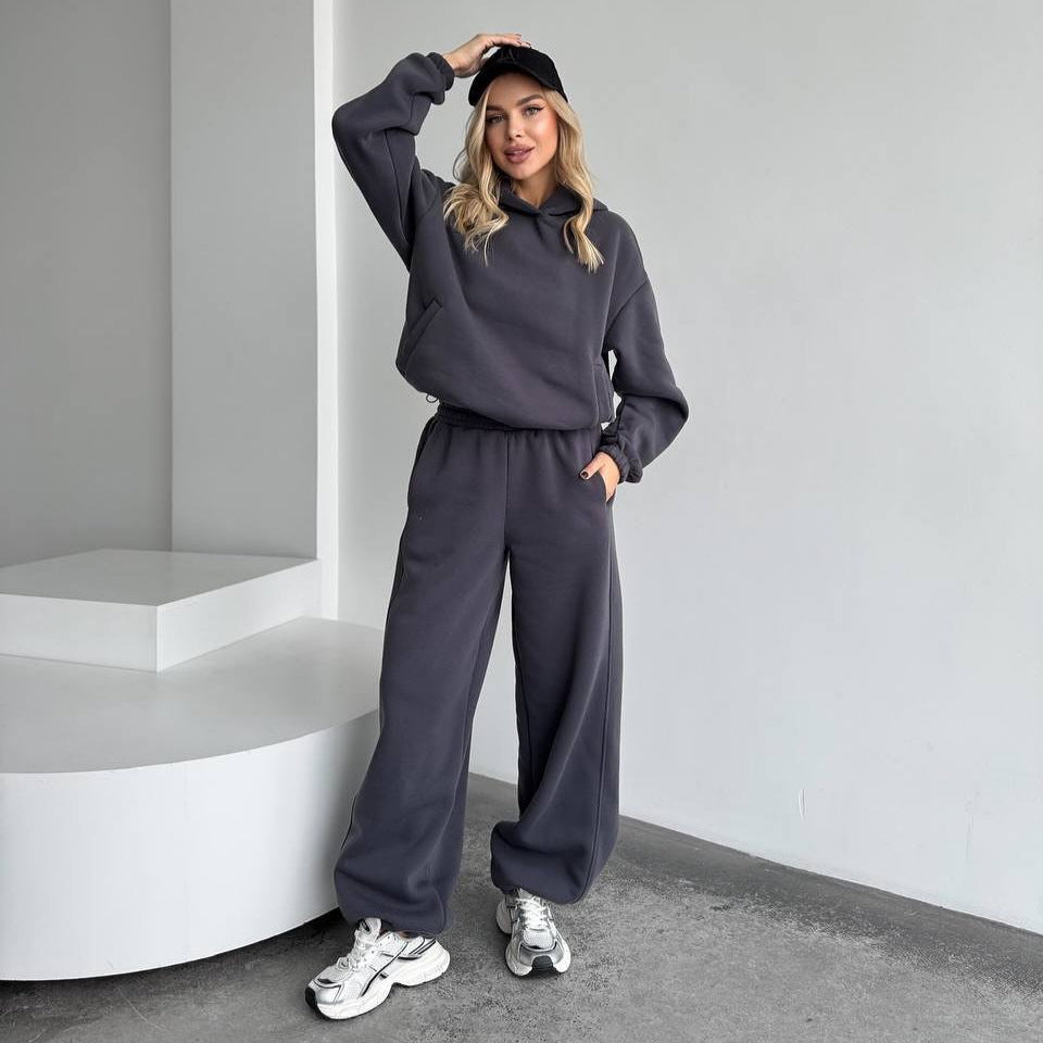 Damen Oversize Loungewear-Set aus schwerem Sweat mit Kapuzenpullover und weitem hochgeschnittenem Jogger Drune
