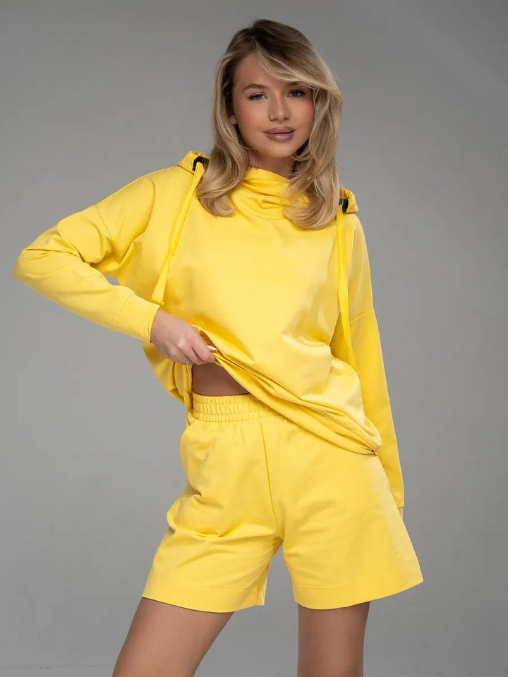 Damen bequemer und modischer Hoodie mit lässiger Kängurutasche und Shorts Set Drune