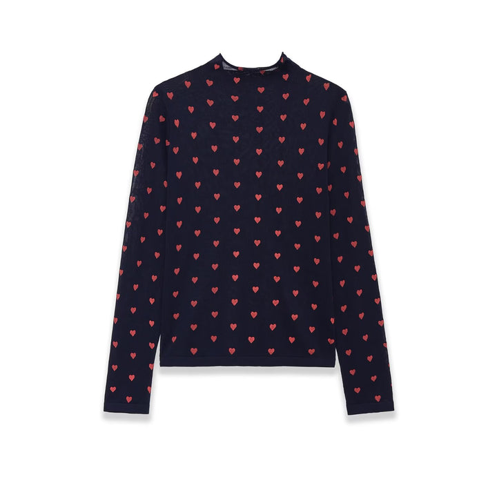 Damen Langarm-Feinstrickshirt mit Stehkragen und Allover-Herzjacquard Drune