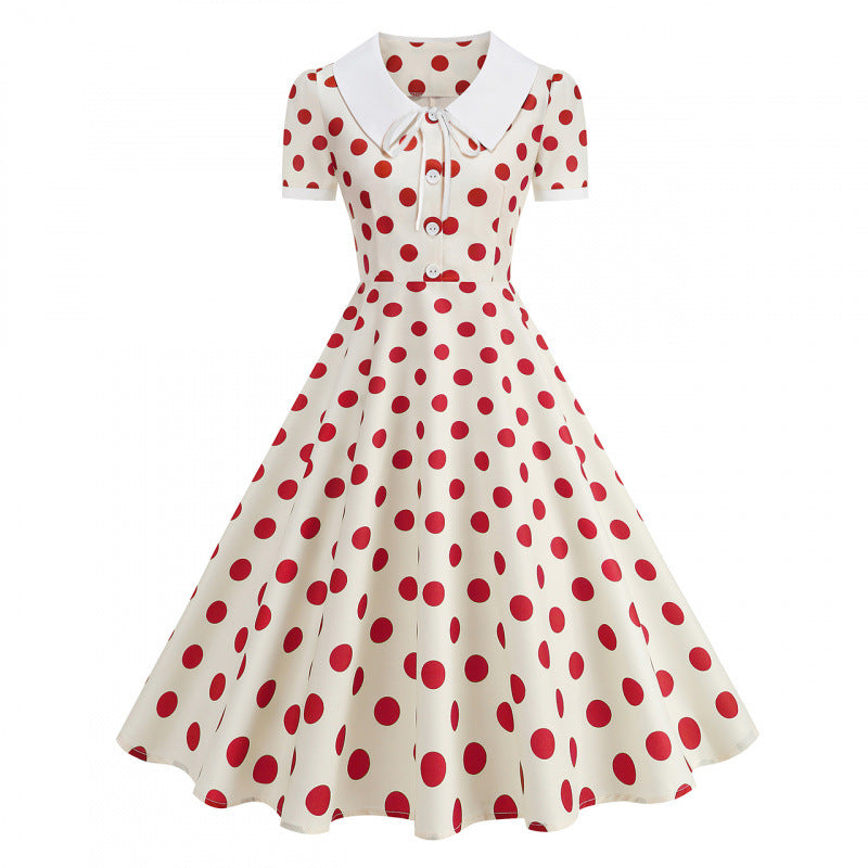 Damen Retro Maxikleid mit Kragen und Punkten Drune