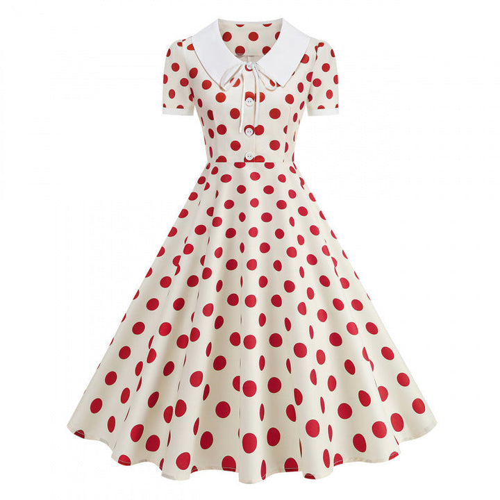 Damen Retro Maxikleid mit Kragen und Punkten Drune