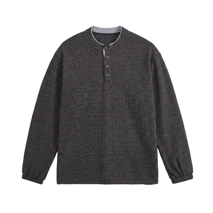 Herren Rippstruktur-Henley-Pullover mit Stehkragen und Knopfleiste Drune