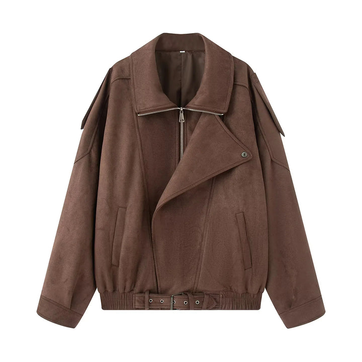 Damen nan oversized Blousonjacke im Veloursoptik mit breitem Schalkragen, Tunnelzugbund und Gürtel Drune