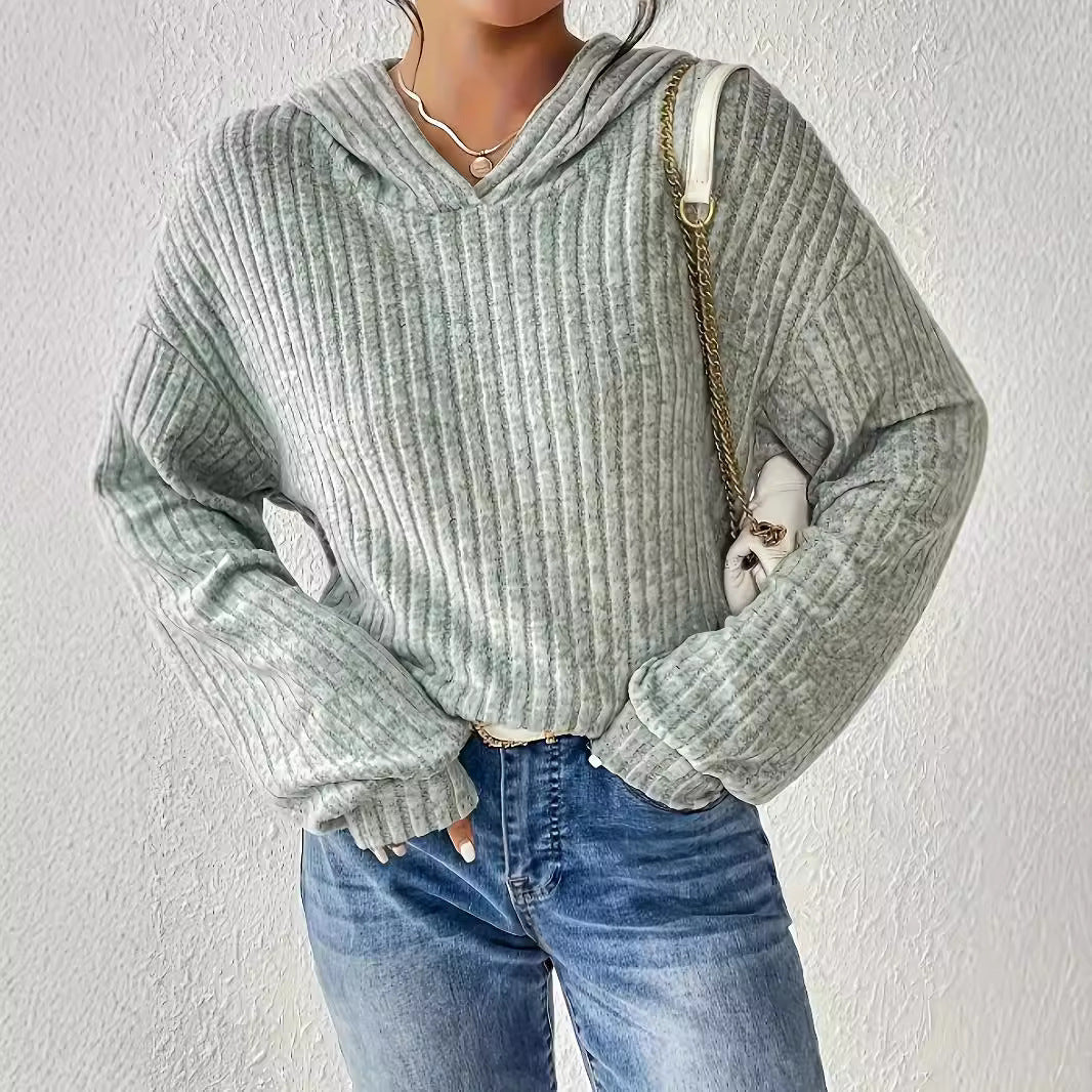 Damen lässiger Kapuzenpullover mit strukturiertem Rippdesign und weiten Ärmeln Drune