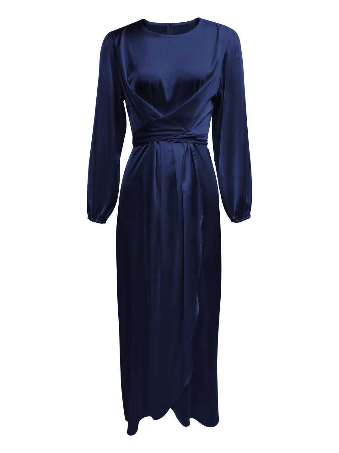 Damen Elegantes Maxikleid aus Satin mit Wickel-Detail, Langarm und Taillenband Drune
