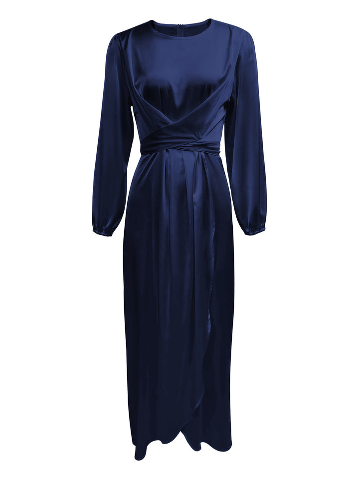 Damen Elegantes Maxikleid aus Satin mit Wickel-Detail, Langarm und Taillenband Drune