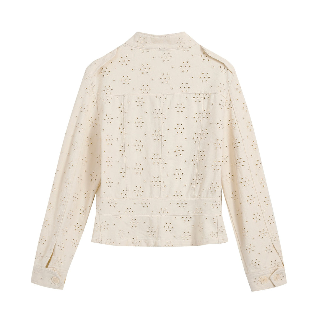 Damen Kurz geschnittene Broderie-Anglaise Feldjacke mit Pattentaschen Drune