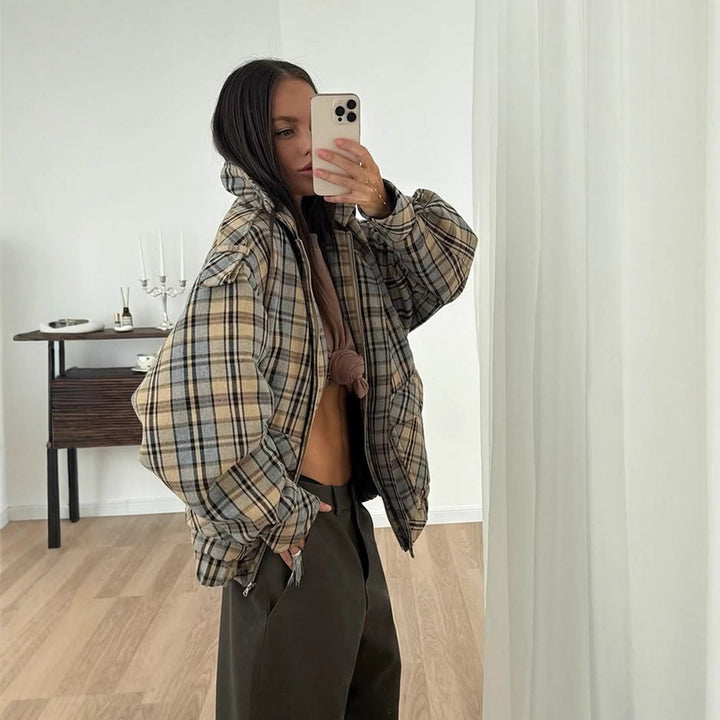 Damen Oversize-Karomantel im Boxy‑Schnitt mit Reißverschluss und Schulterklappen Drune