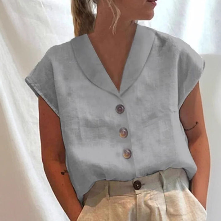 Damen nan luftige Leinenbluse mit weitem V-Kragen, überschnittener Schulter und Zierknopfleiste Drune