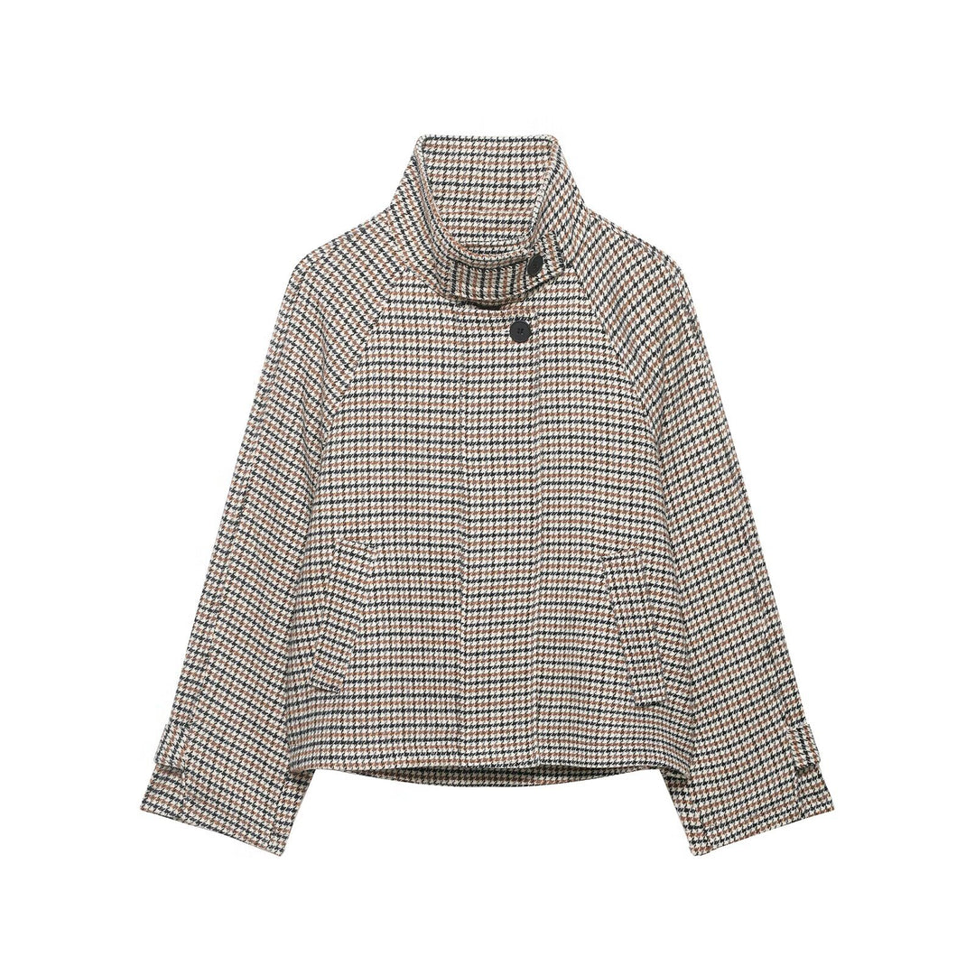 Damen Kurzgeschnittene Bouclé-Jacke mit hohem Stehkragen und Raglanärmeln Drune