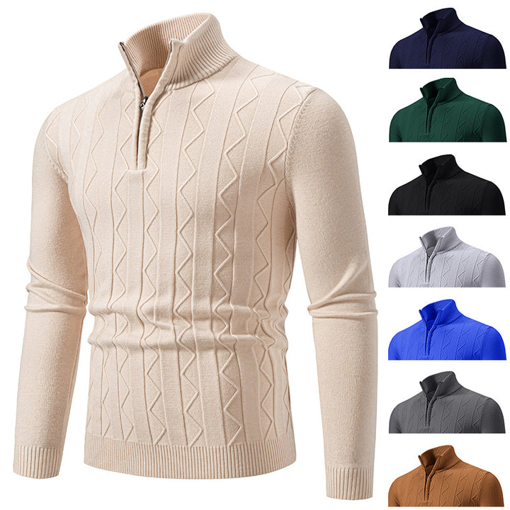 Herren Slim-Fit Halbzip-Strickpullover mit Mockneck, Zopfmuster und gerippten Bündchen Drune
