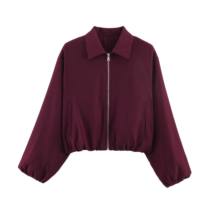 Damen Cropped Bomberjacke mit Ballonärmeln, elastischem Saum und Reverskragen Drune