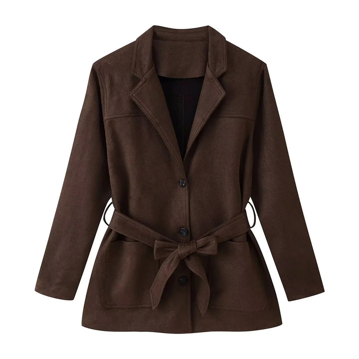 Damen nan taillierte Taillengürtel-Blazerjacke aus Veloursimitat mit Pattentaschen Drune