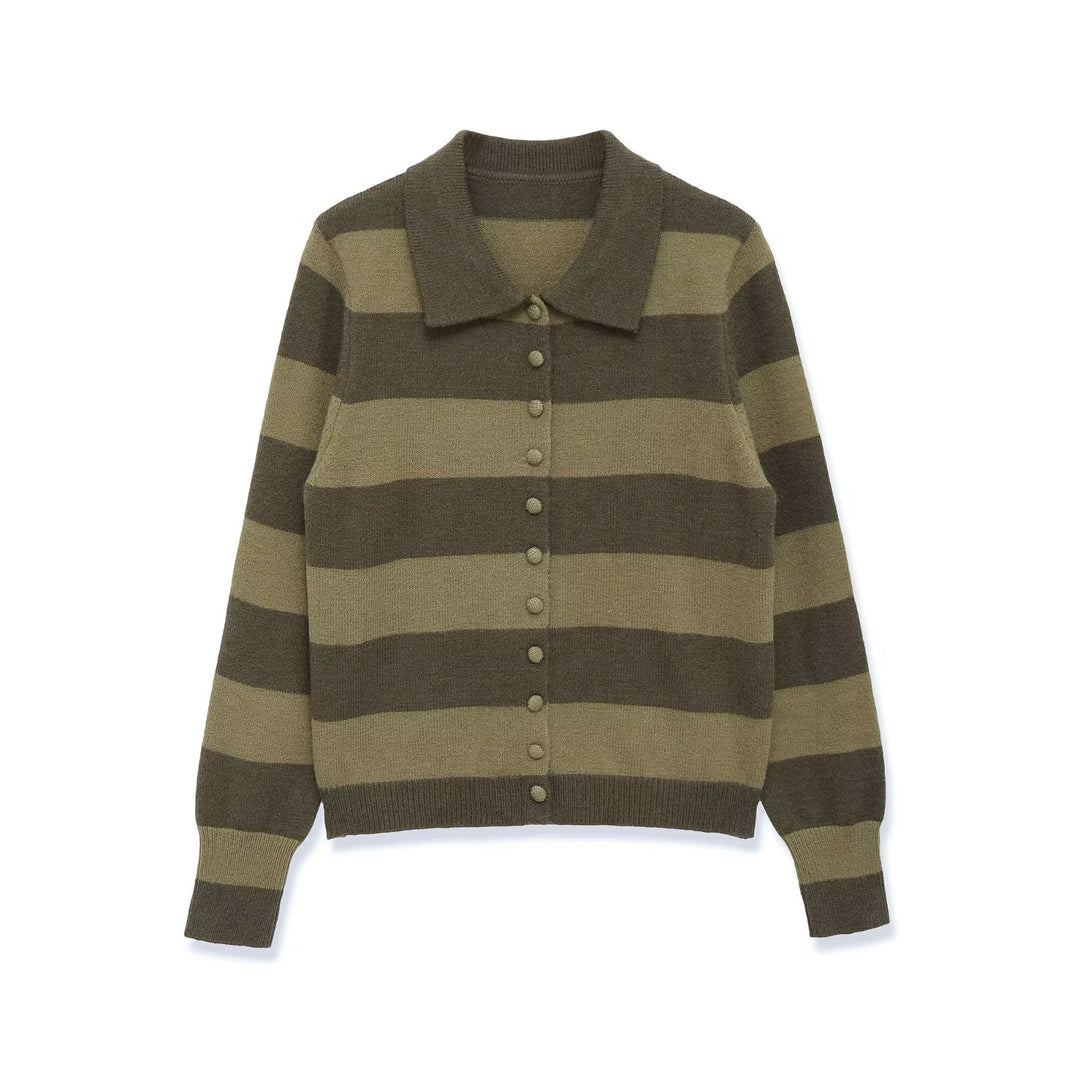 Damen Gestreifte Strickcardigan mit Hemdkragen und Knopfleiste Drune