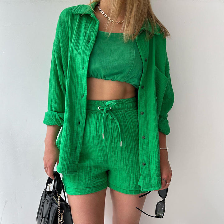 Damen nan lässiges oversized Hemd und Shorts Set mit Brusttasche Kordelbund und gerauter Baumwollstruktur Drune