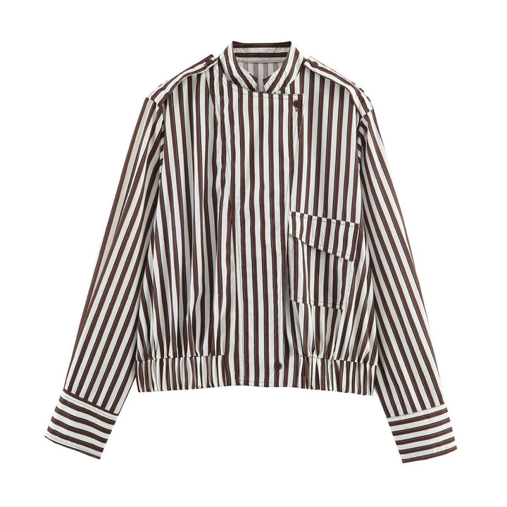 Damen Gestreifte Cropped‑Hemdblusen‑Jacke mit Stehkragen, asymmetrischer Klappentasche und elastischem Saum Drune