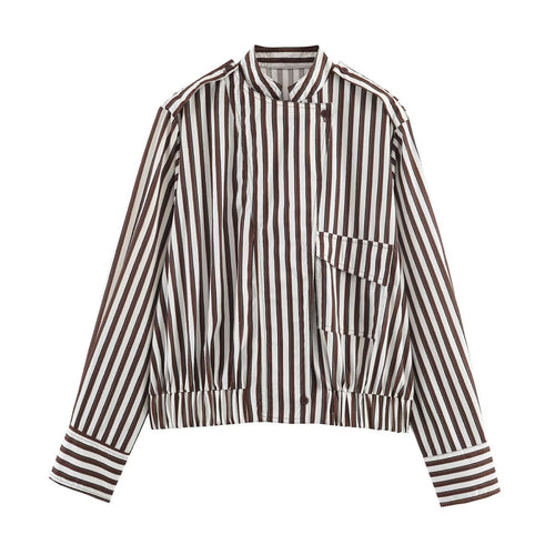 Damen Gestreifte Cropped‑Hemdblusen‑Jacke mit Stehkragen, asymmetrischer Klappentasche und elastischem Saum Drune