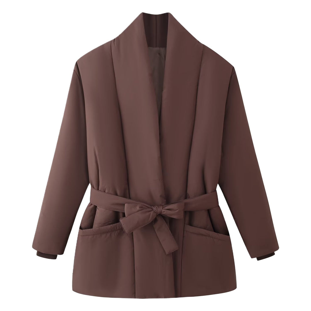 Damen Kurzsteppmantel mit Schalkragen, Taillengürtel und aufgesetzten Taschen Drune