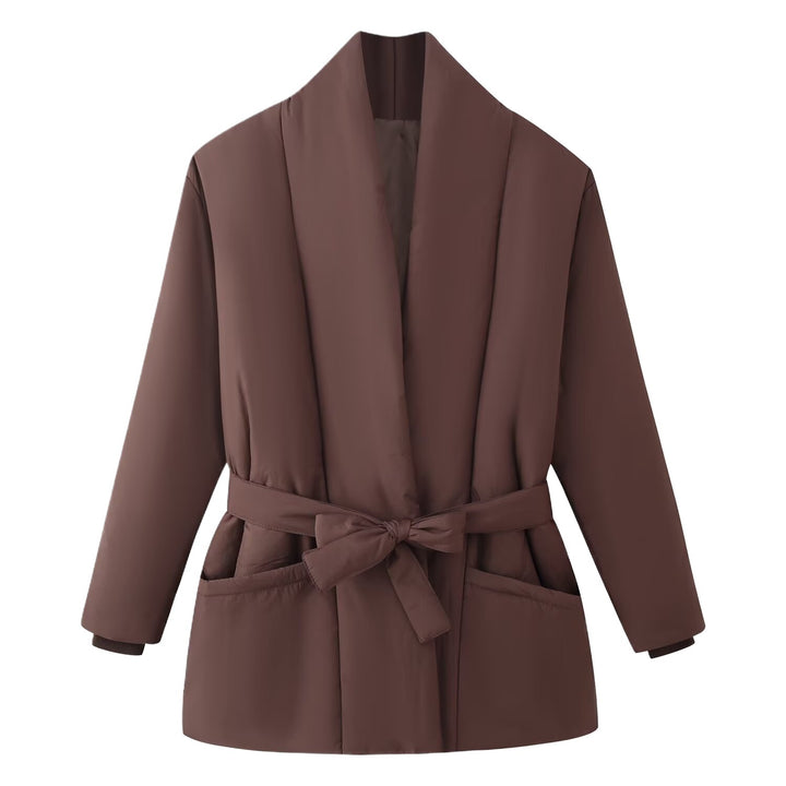 Damen Kurzsteppmantel mit Schalkragen, Taillengürtel und aufgesetzten Taschen Drune