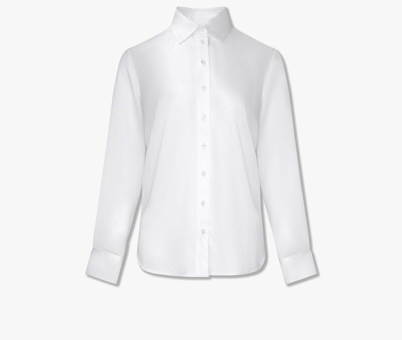 Damen Zeitlose taillierte Baumwollpopeline-Bluse mit Kentkragen und geschwungener Saum Drune