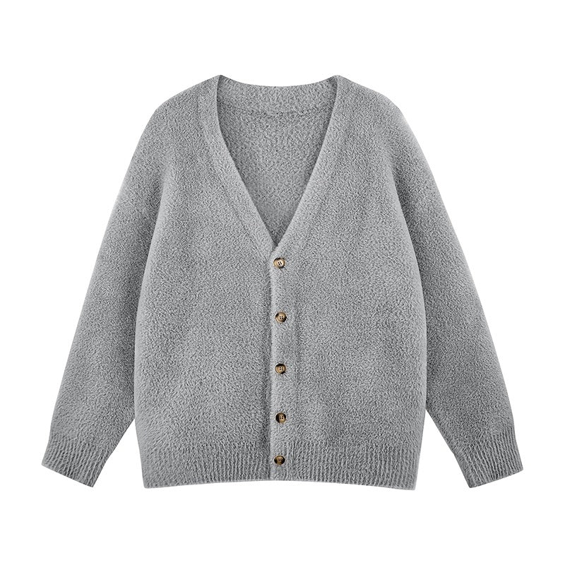 Damen Oversize Teddy-Strickcardigan mit V‑Ausschnitt und Holzknöpfen Drune