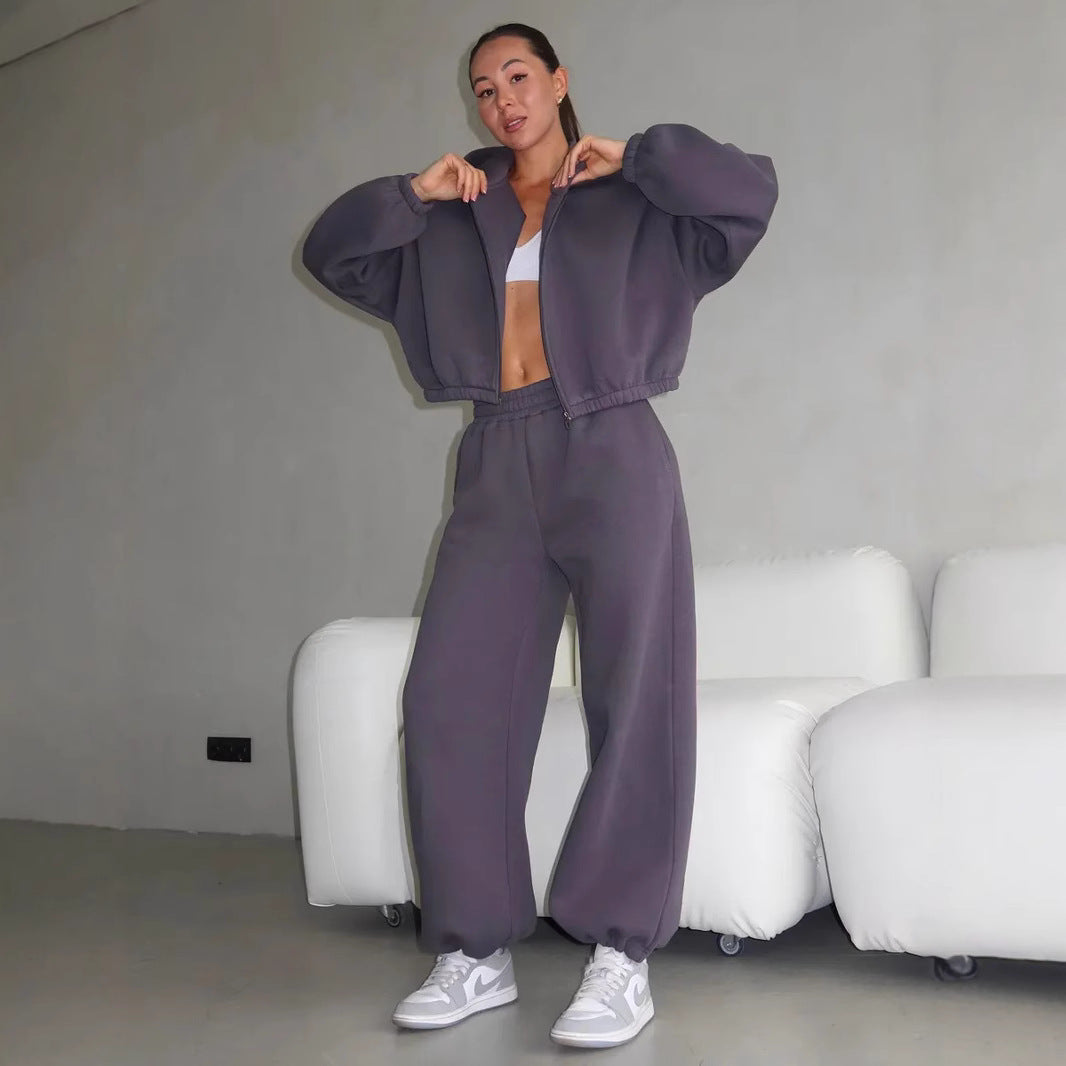 Damen Oversize Sweatset mit Reißverschluss Bomberjacke und Highwaist Jogginghose Drune