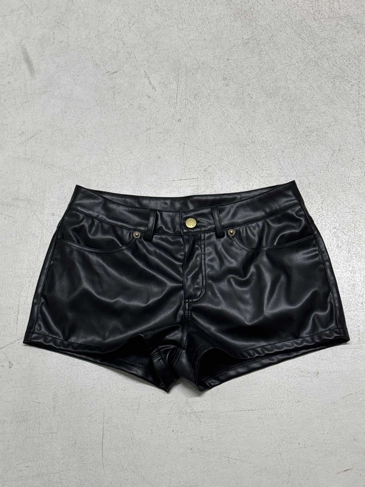 Damen Kunstleder Shorts mit hohem Bund und dekorativen Taschen Drune