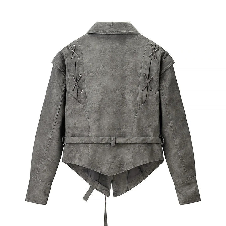Damen nan kurzjacke Veloursoptik mit Schalkragen Taillengürtel und Schnürdetail Drune