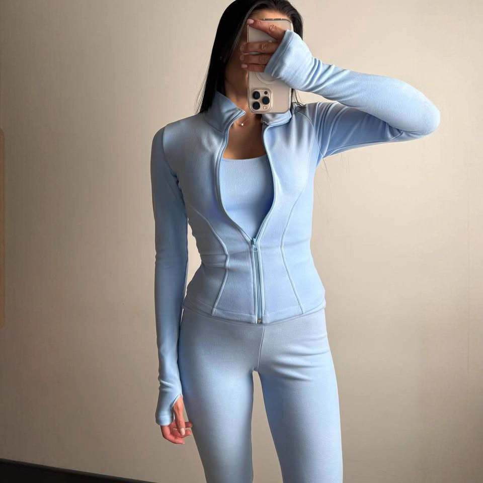 Damen Figurbetontes Freizeit-Set mit Reißverschlussjacke und taillenhohen Leggings aus Stretch mit Daumenlöchern Drune
