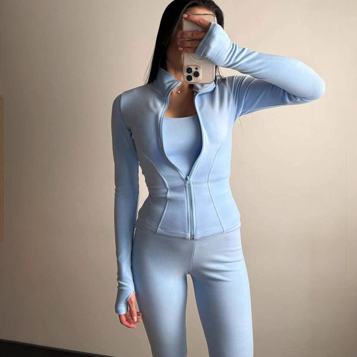 Damen Figurbetontes Freizeit-Set mit Reißverschlussjacke und taillenhohen Leggings aus Stretch mit Daumenlöchern Drune