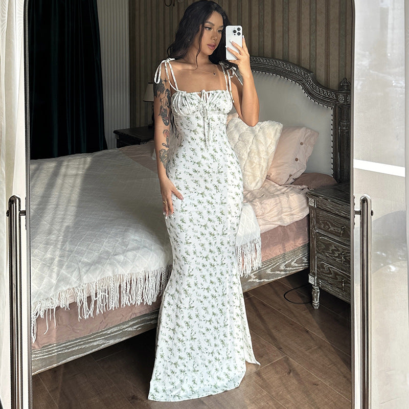 Damen Bodenlanges Kleid mit floralem Muster und verstellbaren Trägern Drune