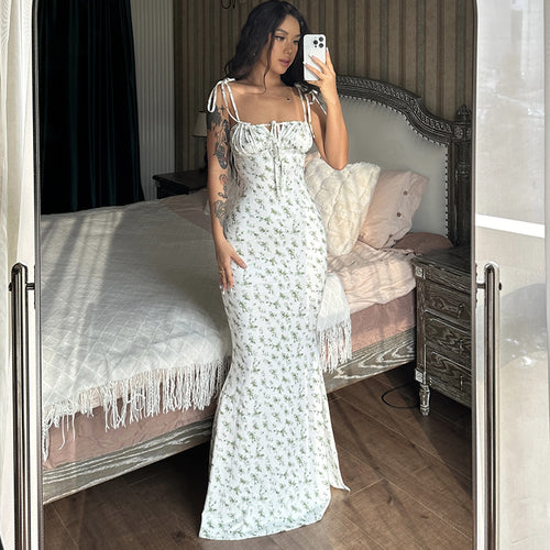 Damen Bodenlanges Kleid mit floralem Muster und verstellbaren Trägern Drune