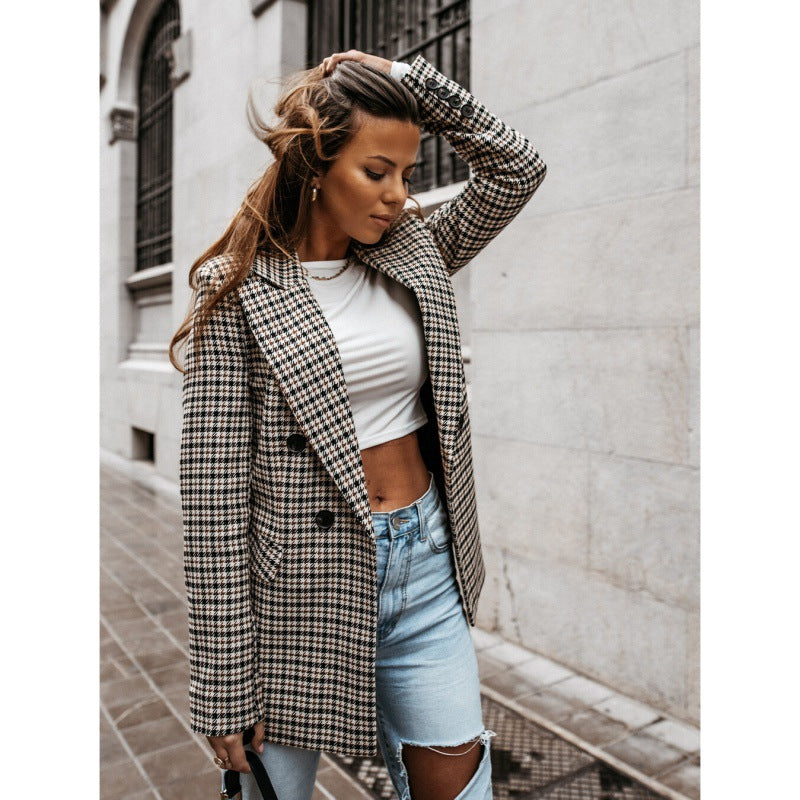 Damen Karierter Oversized Blazer mit doppelt geknöpftem Design Drune