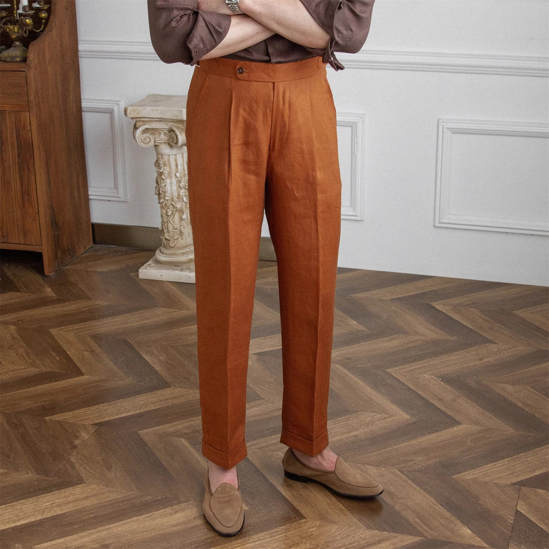 Herren Leinenhose mit hoher Taille, Bundfalten und verstellbarem Seitenriegel Drune