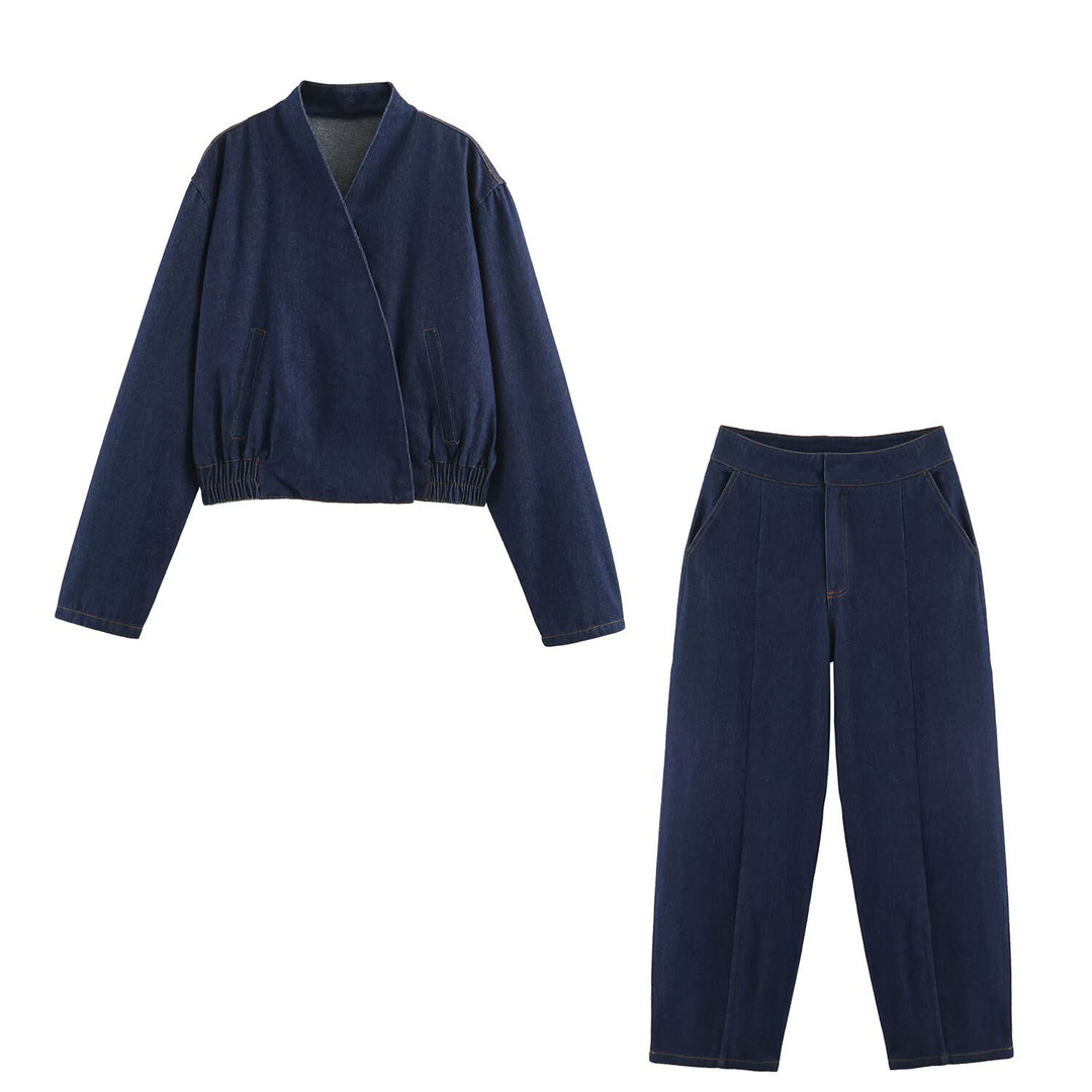 Damen weite High‑Waist Denimhose mit Bügelfalte und schrägen Eingrifftaschen Drune