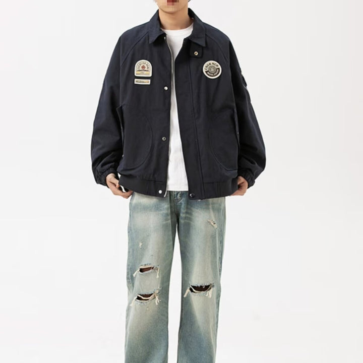 Herren Overshirt-Bomberjacke im Military-Look mit Emblem‑Patches, Ärmeltasche & geripptem Saum Drune