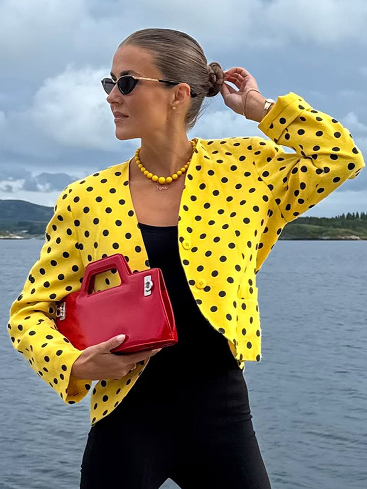 Damen Kurzblazer im Vintage-Punktmuster, Boxy-Cut & leichtem Leinenmix Drune