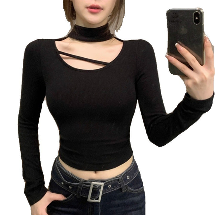 Damen langärmliges Oberteil mit stilvollem Cut-Out und hohem Kragen Drune