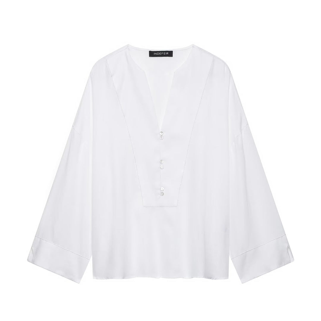 Damen Weites Tunika-Blusenshirt mit V‑Ausschnitt und halber Knopfleiste Drune