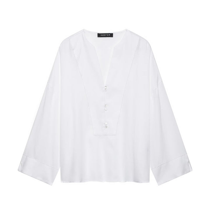 Damen Weites Tunika-Blusenshirt mit V‑Ausschnitt und halber Knopfleiste Drune
