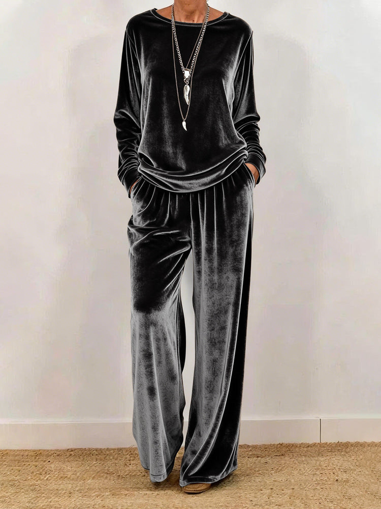 Damen Samt-Lounge-Set mit weitem Bein und Rundhalsausschnitt Drune