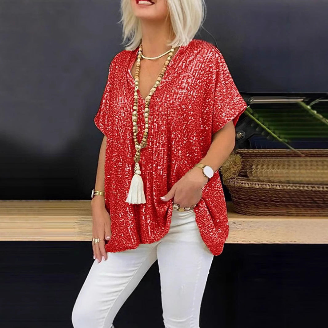 Damen Glitzerndes Tunika-Shirt mit V-Ausschnitt Drune
