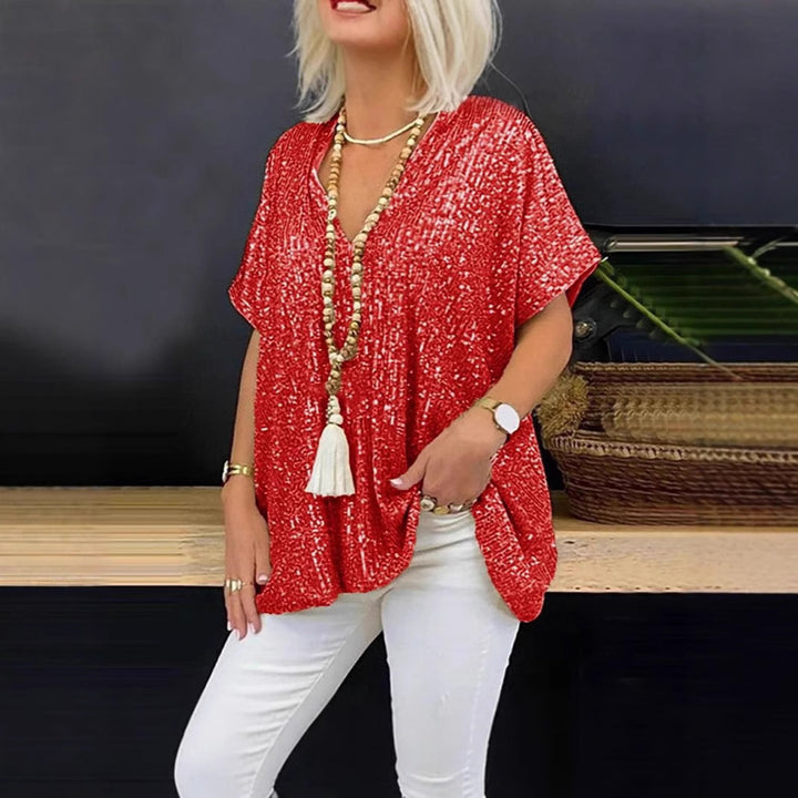 Damen Glitzerndes Tunika-Shirt mit V-Ausschnitt Drune