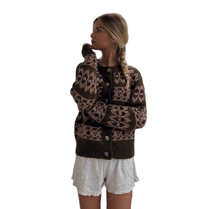 Damen Norwegermuster-Strickjacke mit Knopfleiste und geripptem Saum Drune