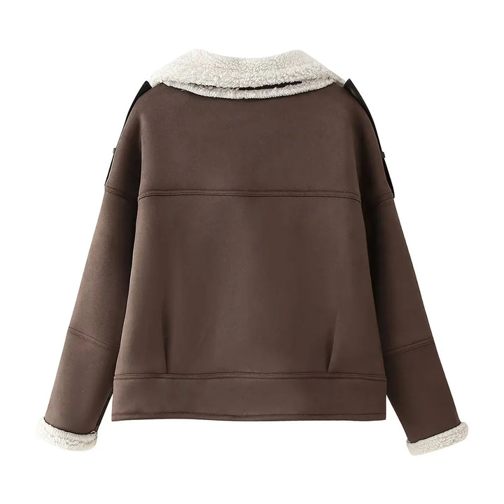 Damen nan kurze Fliegerjacke im Aviator‑Look mit Teddyfutter, großem Schalkragen und verstellbaren Manschetten Drune