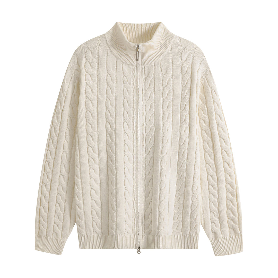 Herren Grobgestrickter Reißverschluss-Cardigan mit Zopfmuster, Stehkragen und Oversize-Schnitt Drune