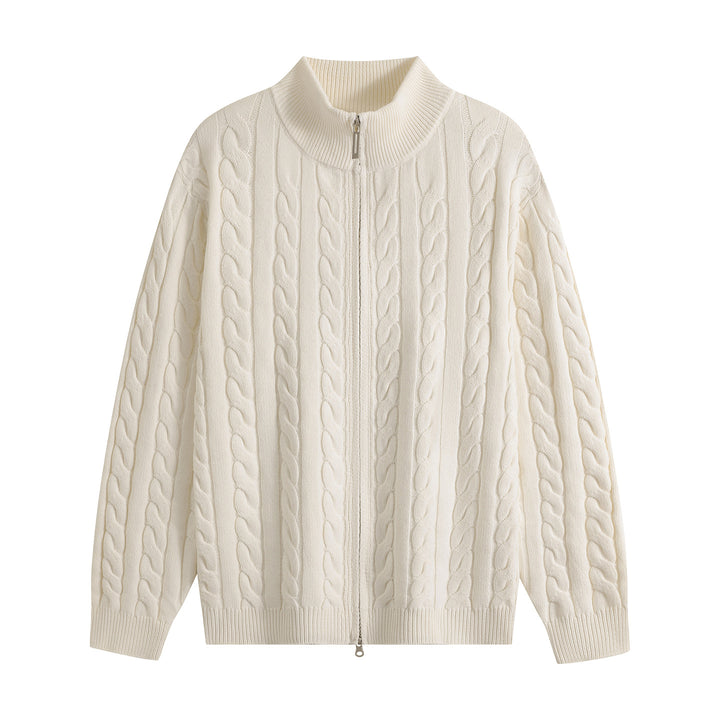 Herren Grobgestrickter Reißverschluss-Cardigan mit Zopfmuster, Stehkragen und Oversize-Schnitt Drune