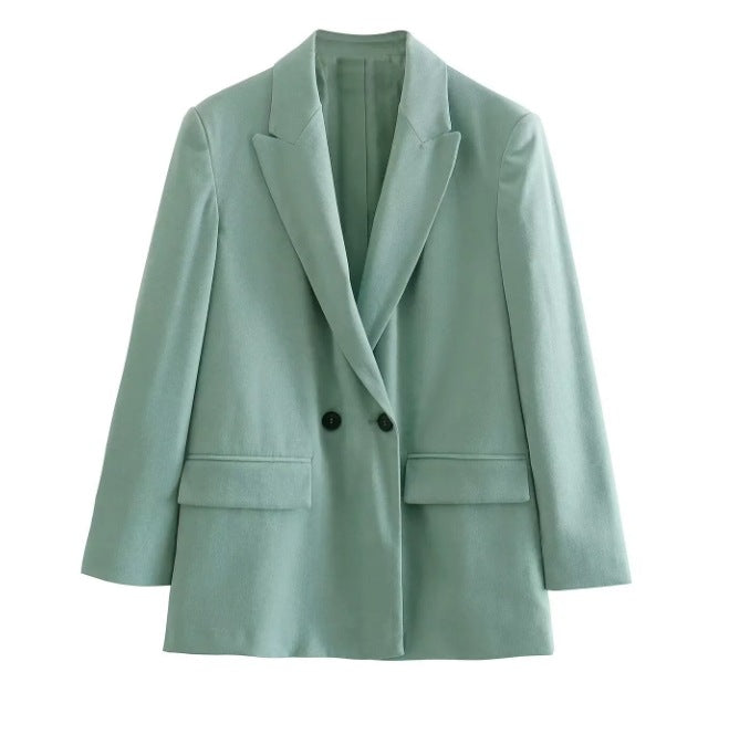 Damen 100+ geradliniger Longline Blazer mit Reverskragen, doppelreihiger Optik und Pattentaschen Drune